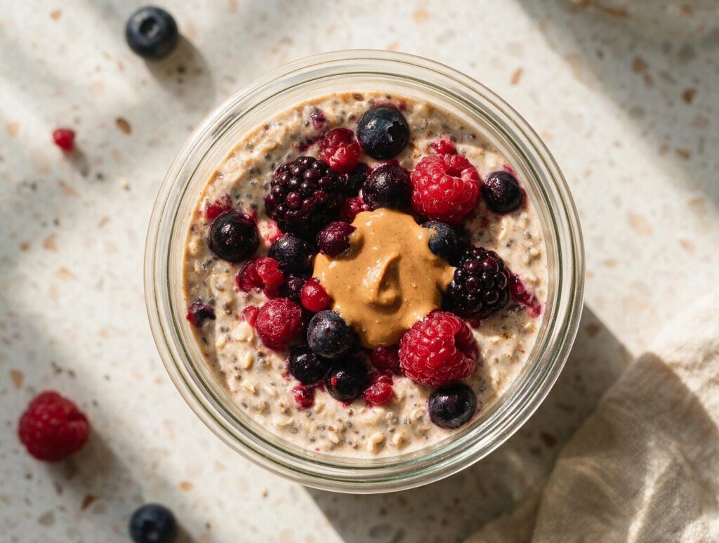 Overhead view of a jar of Protein Overnight Oats topped with fresh berries and almond butter.