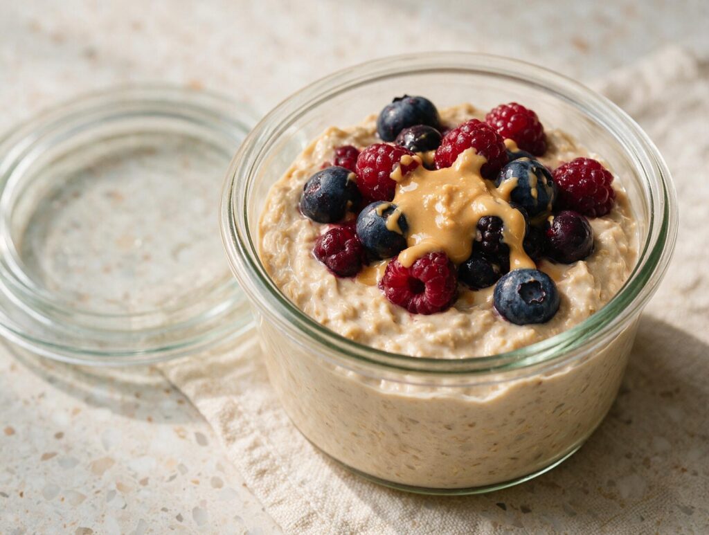 A small lidded container filled with creamy overnight oats topped with fresh berries and a spoonful of almond butter, placed on a kitchen counter.