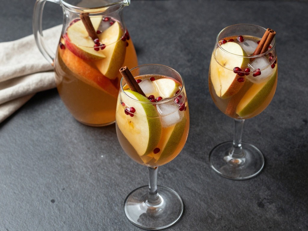 Close-up of a fall sangria served over ice in a wine glass with sliced apples, pears, pomegranate seeds, orange, and cinnamon sticks