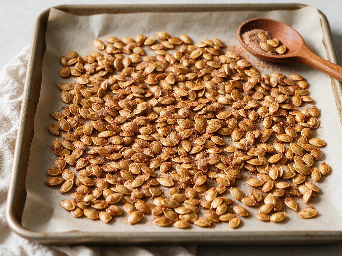 Overhead view of honey roasted pumpkin seeds with cinnamon sugar spread on a baking sheet, a pumpkin seeds recipe.