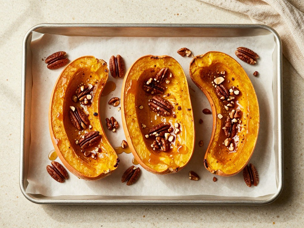 Roasted Honeynut Squash Halves with Cinnamon, Maple Syrup and Pecans