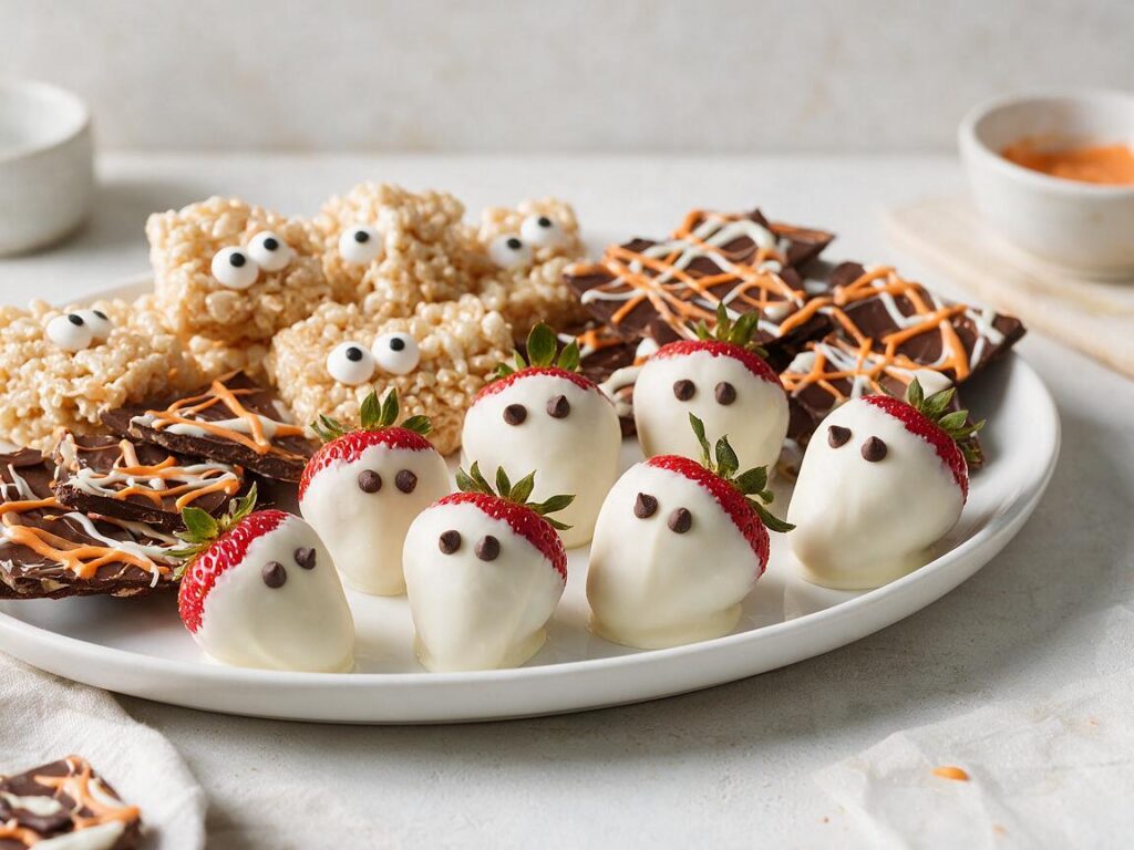 Easy Halloween treats for kids arranged on a white platter, including strawberry ghosts, rice cereal monsters, and chocolate bark