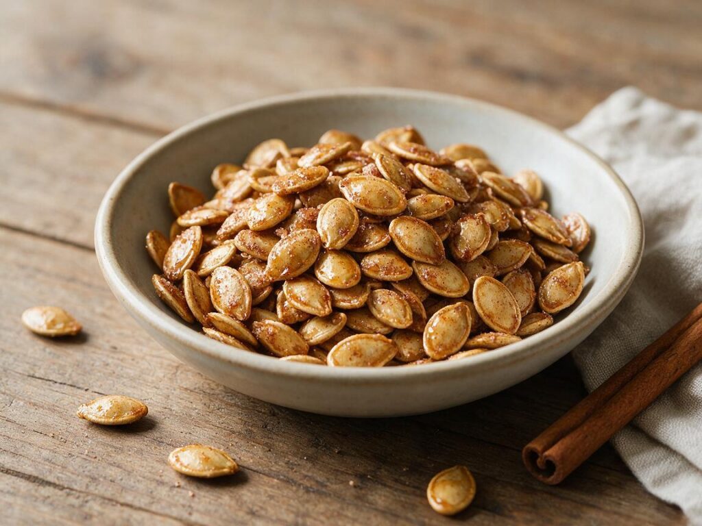 Honey roasted pumpkin seeds with cinnamon sugar in a ceramic bowl, a finished pumpkin seeds recipe snack.