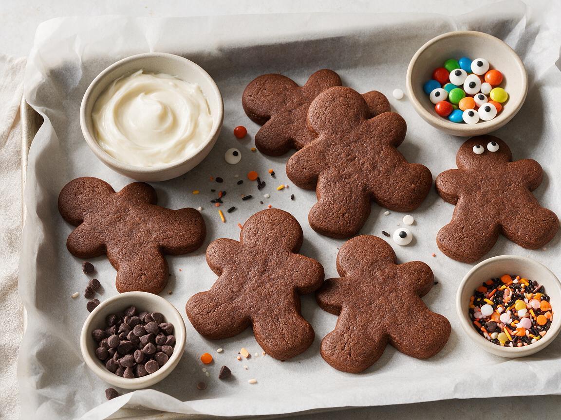 Halloween cookie decorating station with cooled cookies, white icing, chocolate chips, and sprinkles for easy Halloween treats for kids
