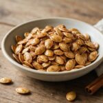 Honey roasted pumpkin seeds with cinnamon sugar in a ceramic bowl, a finished pumpkin seeds recipe snack.