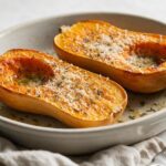 Roasted honeynut squash halves with Parmesan and herbs in a baking dish, a honey nut squash recipe.