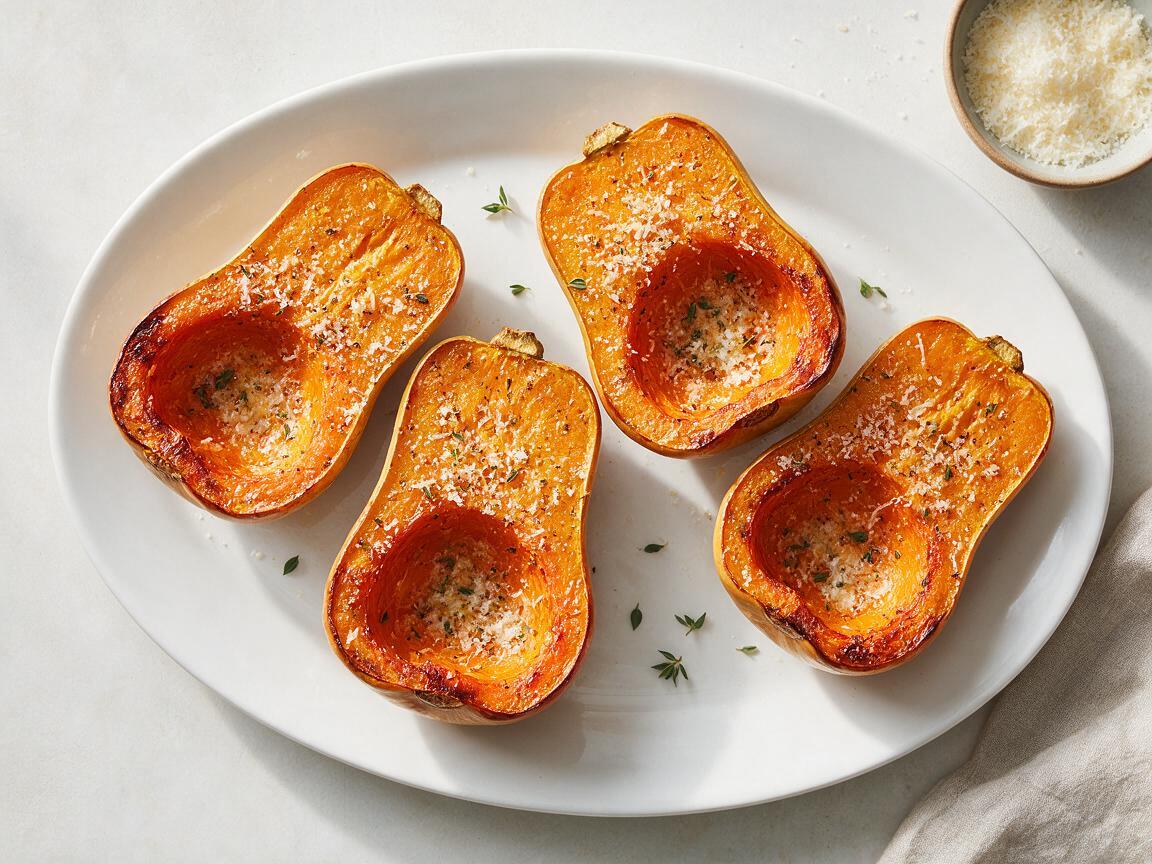 Overhead view of roasted honeynut squash halves on a platter, a honey nut squash recipe.