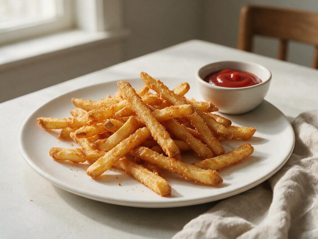 ketchup and french fries — Crispy seasoned French fries served with ketchup on a white plate
