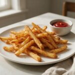 ketchup and french fries — Crispy seasoned French fries served with ketchup on a white plate
