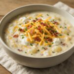Loaded baked potato soup with shredded cheddar, crisp bacon and chives.