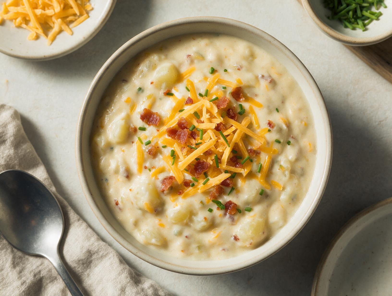 Overhead view of creamy loaded baked potato soup with potato chunks, bacon and chives.