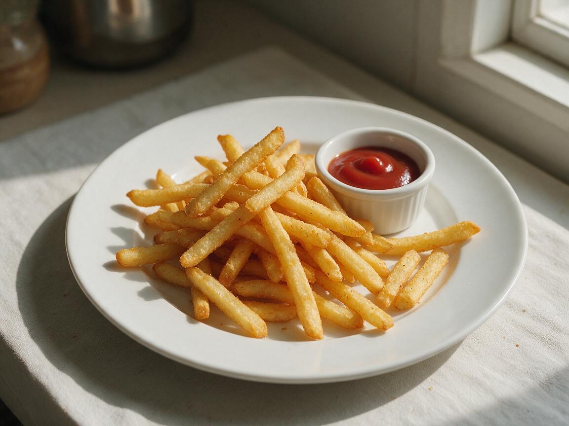 ketchup and french fries — Overhead view of crispy seasoned French fries with ketchup