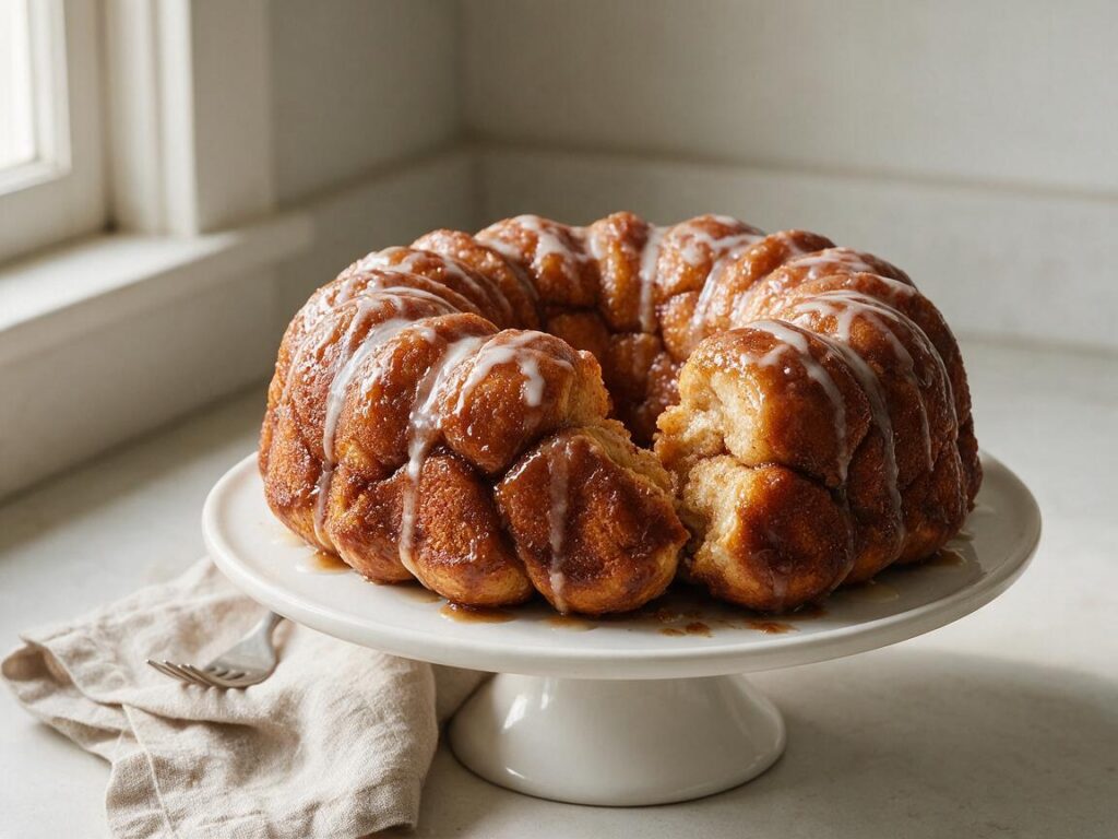 Homemade monkey bread on a cake stand, a golden pull-apart ring glazed with caramel and drizzled with white icing