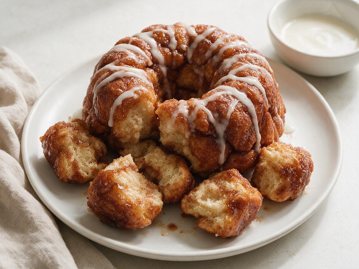 Overhead view of homemade monkey bread pieces pulled apart on a white plate, showing cinnamon sugar coating and caramel glaze