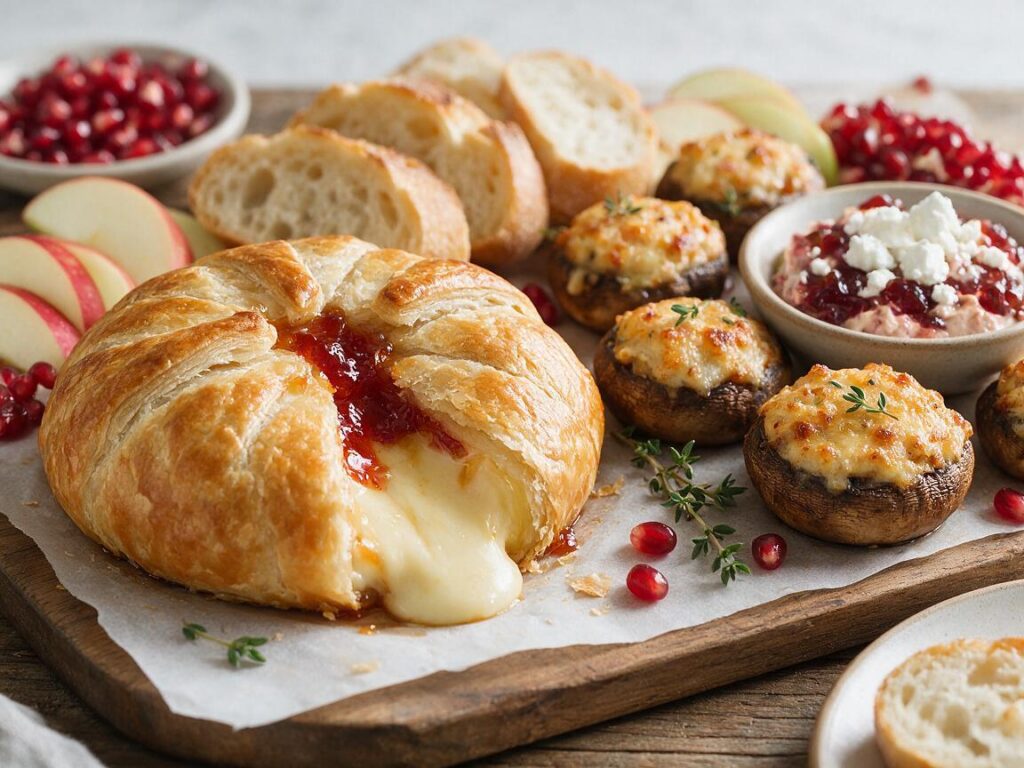 Fall appetizer ideas spread with baked Brie in puff pastry, stuffed mushrooms, and cranberry dip on a wooden table