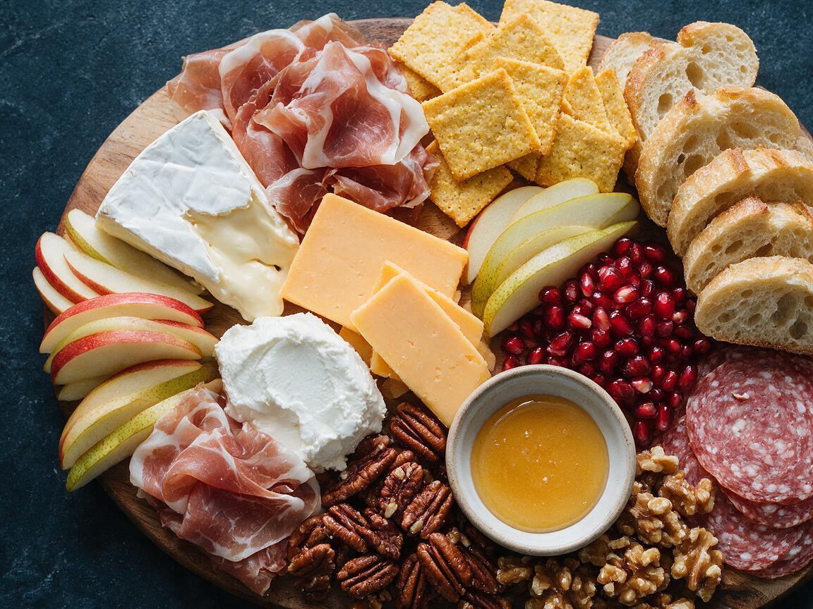 Fall charcuterie board with cheeses, cured meats, cornbread crackers, apples, pears, and pomegranate for fall appetizer ideas
