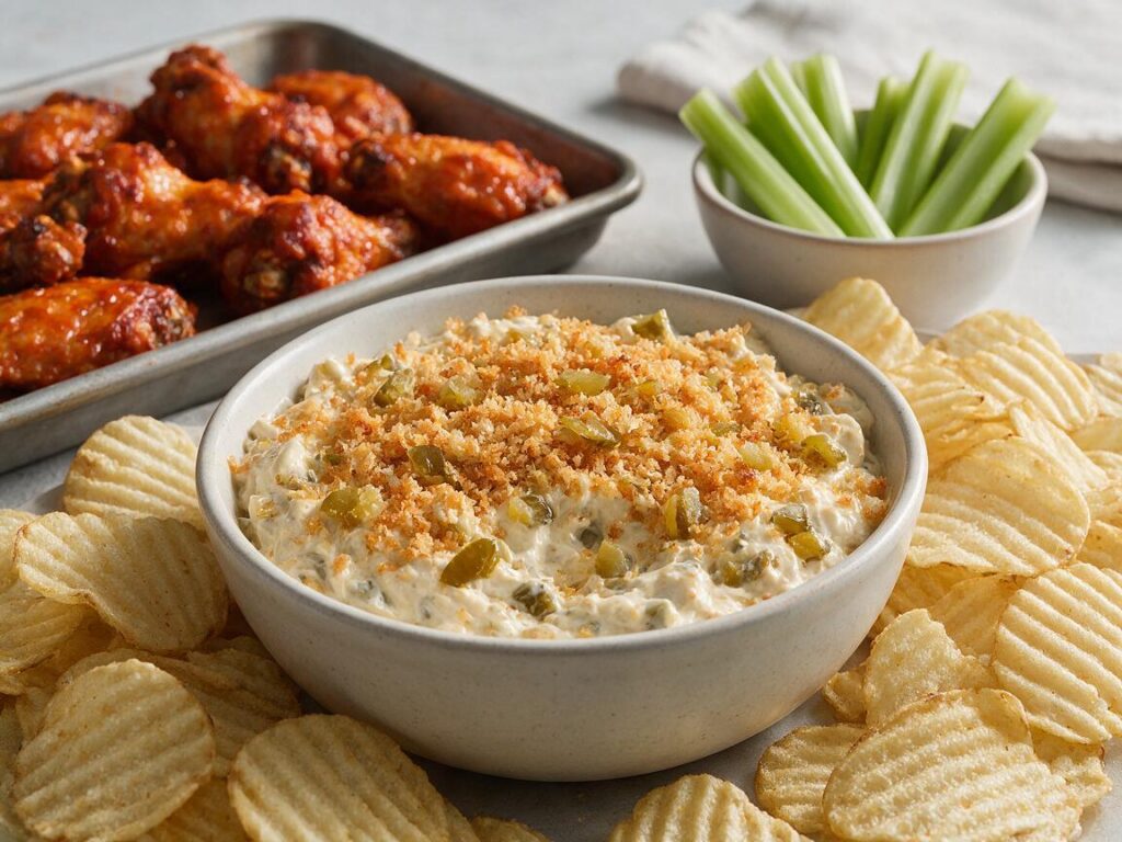 Game day meals spread with creamy fried-pickle dip, ridged potato chips, and crisp oven-baked Buffalo wings
