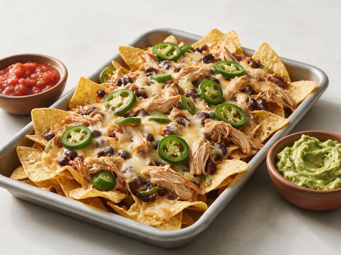 Game day meals sheet pan nachos topped with shredded chicken, cheese, beans, and jalapeños