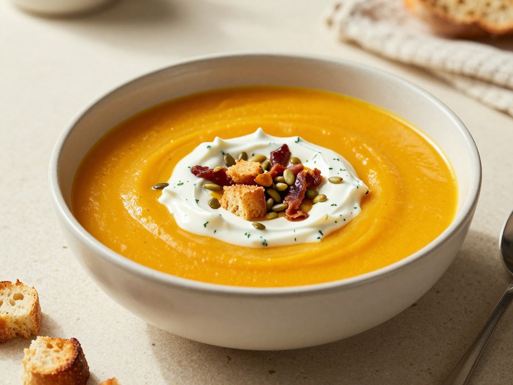 Honeynut squash soup with pancetta, pepitas and chive crème fraîche, one of these honeynut squash recipes