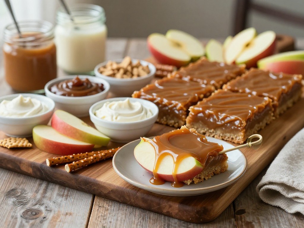 Close-up of a caramel apple bar idea: one skewered apple slice swirled in caramel dip on a small plate