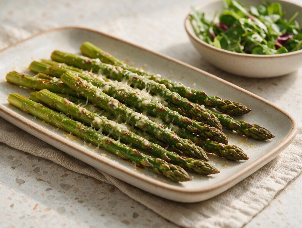 Roasted asparagus with Parmesan and a simple green salad, an easy side for what goes with shrimp scampi