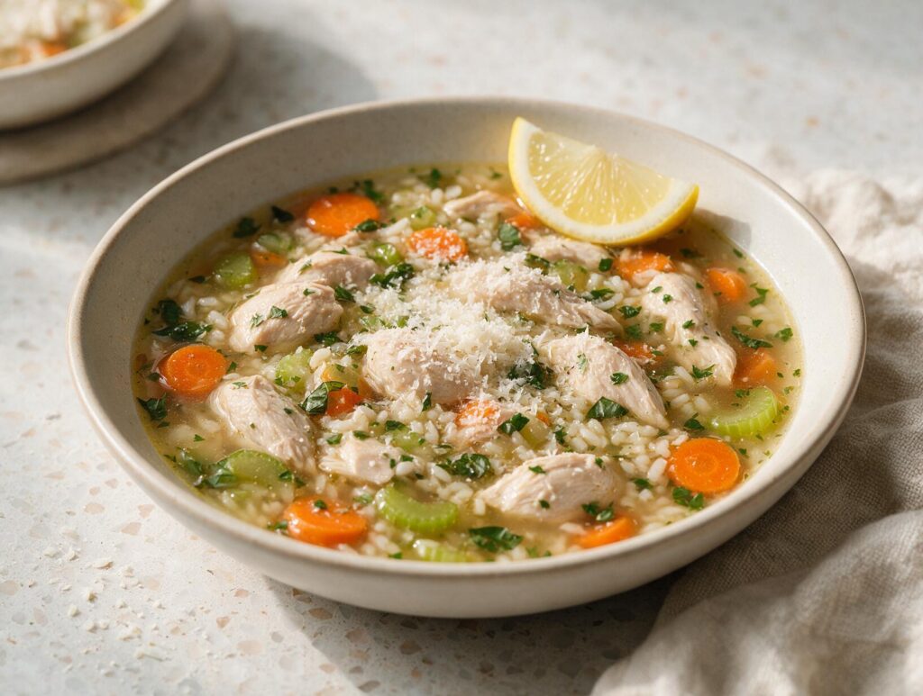 A chicken broth bowl with rice, spinach, Parmesan and lemon