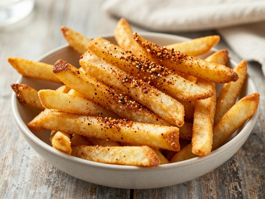 Copycat Wingstop fries in a bowl showing the reddish-brown seasoning for Wingstop fries clinging to the fries.
