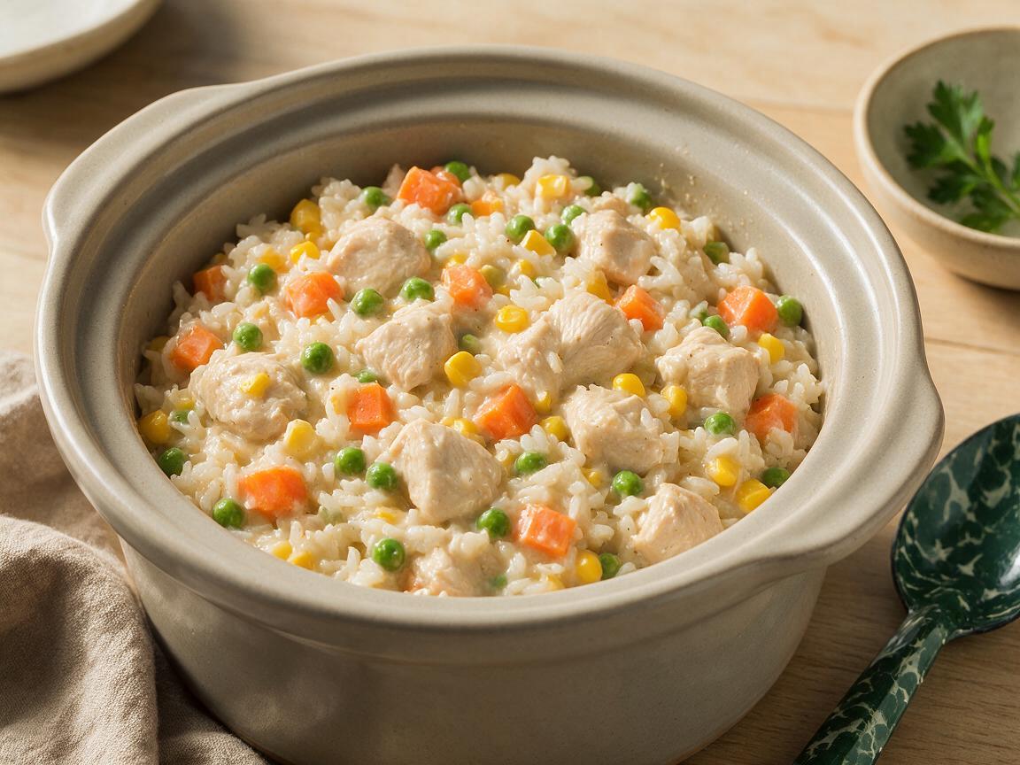 Easy Crockpot Chicken and Rice - overhead serving view