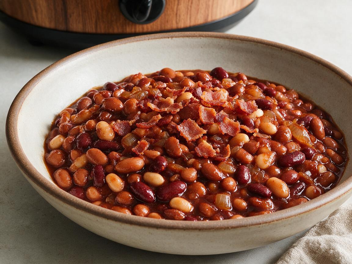 Slow Cooker Baked Beans - overhead serving view