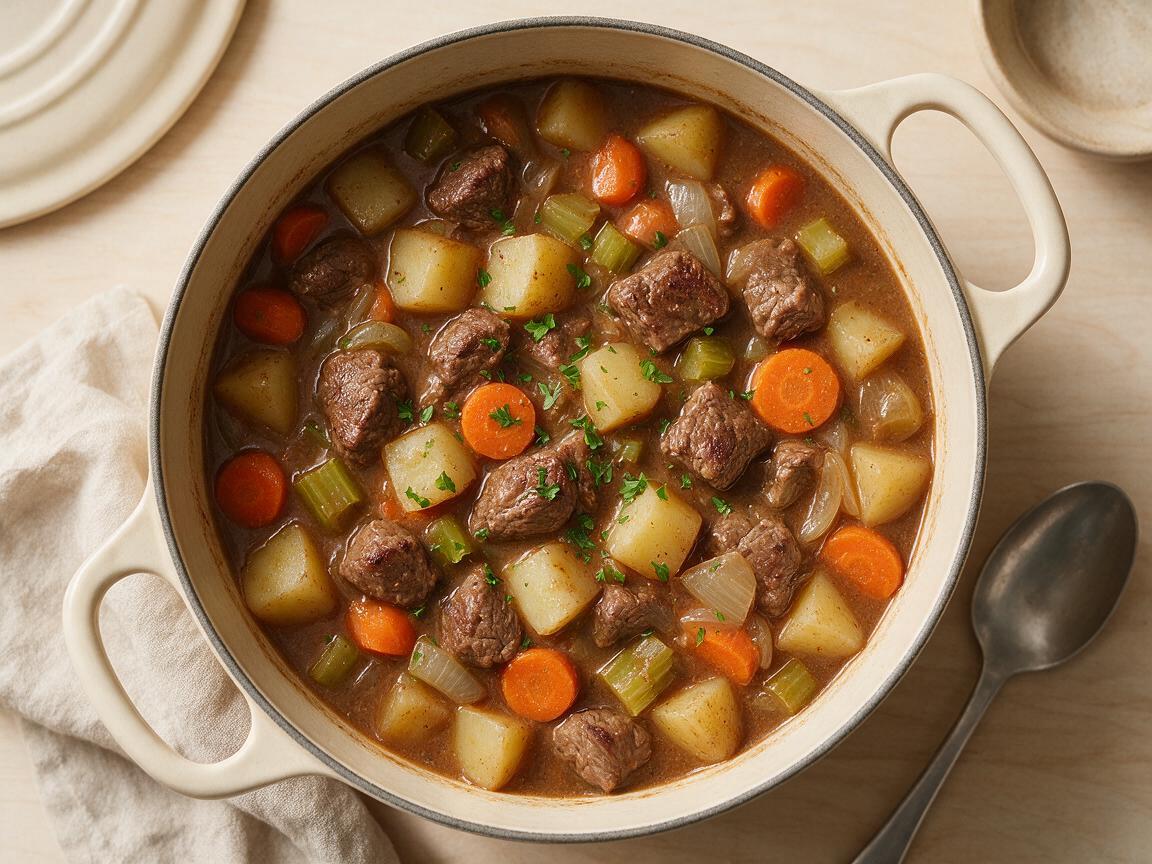 Stove Top Beef Stew Recipe - overhead serving view