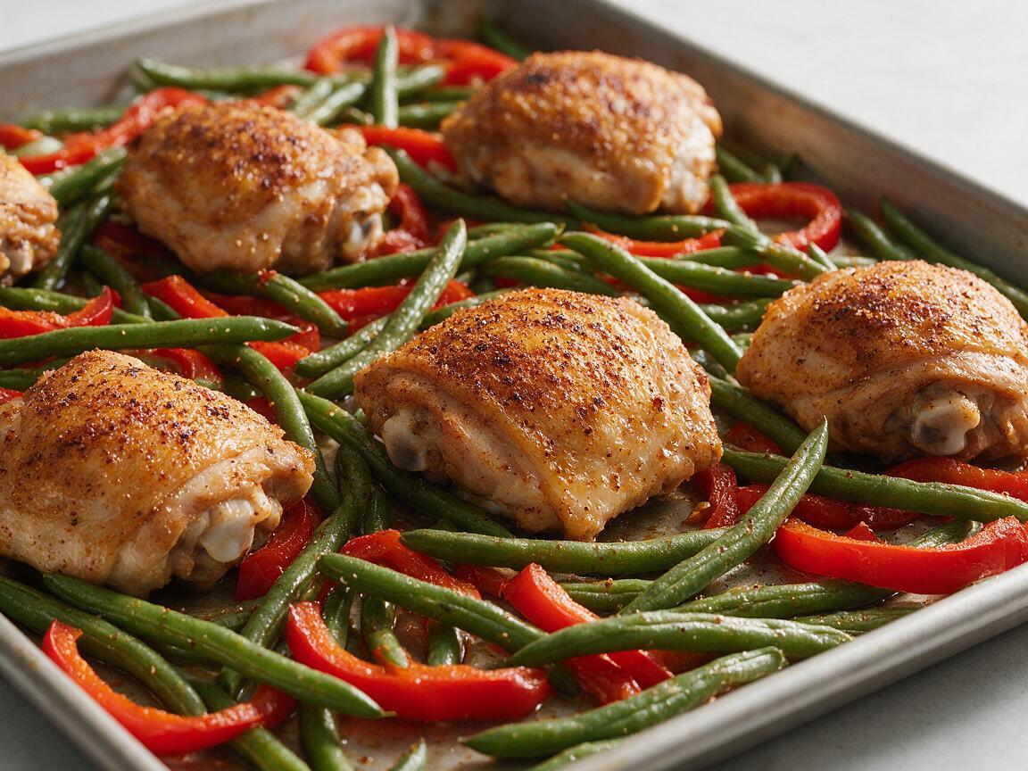 Cajun sheet-pan chicken thighs with green beans and red peppers