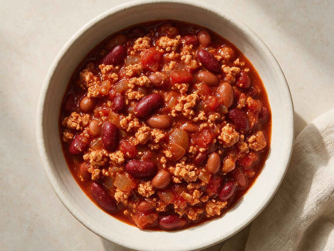 Slow Cooker Turkey Chili Recipe - overhead serving view