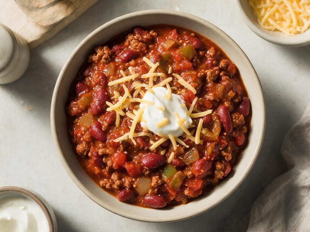 Spicy Slow Cooker Chili - overhead serving view
